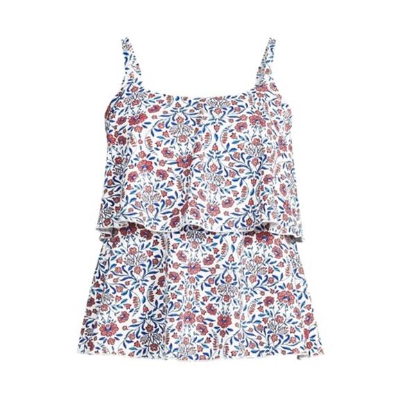 Lands End Blue & Coral Floral Tiered Adjustable Strap Swim Tankini Top 1X - Picture 1 of 9